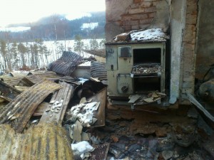 Gamla Folkets hus i lågornas rov.